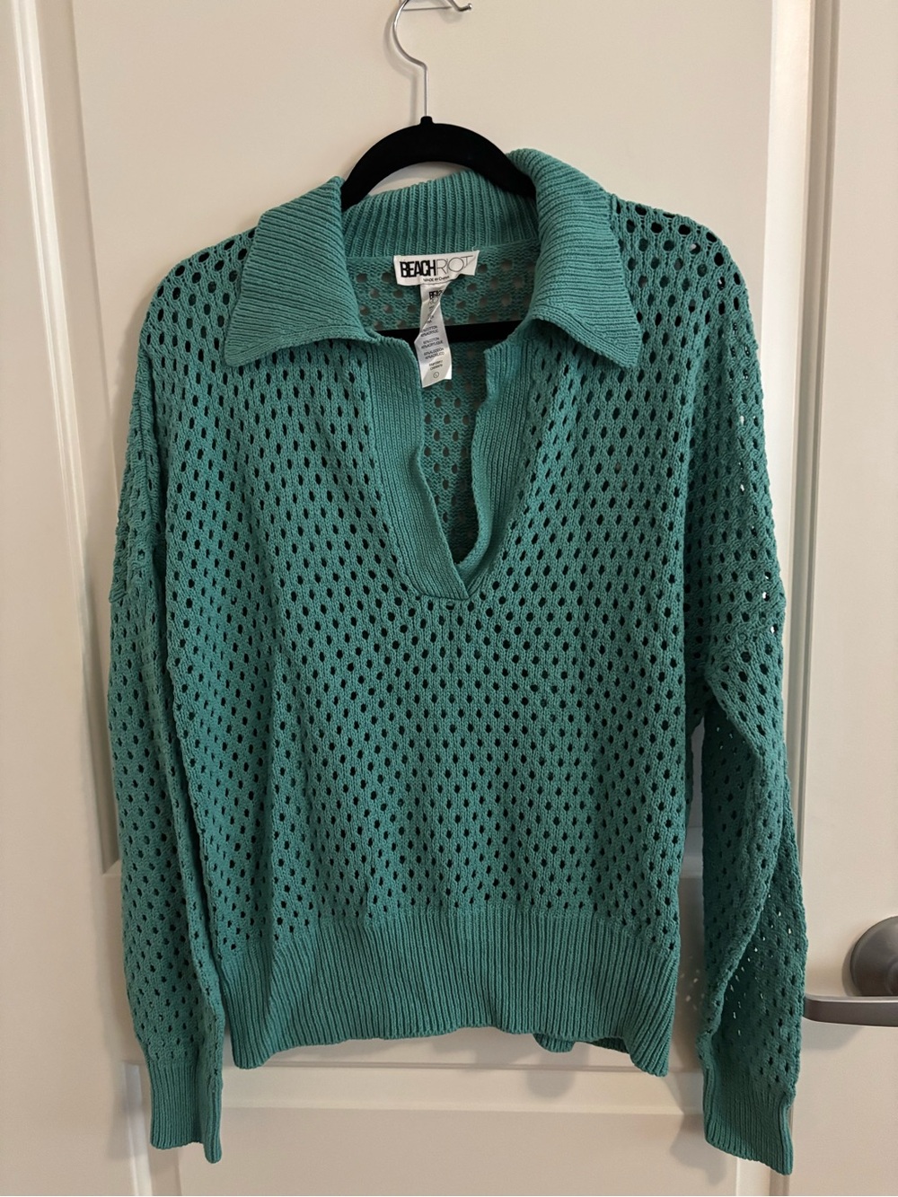 Beach Riot Teal Open-Knit V-Neck Collared Sweater
